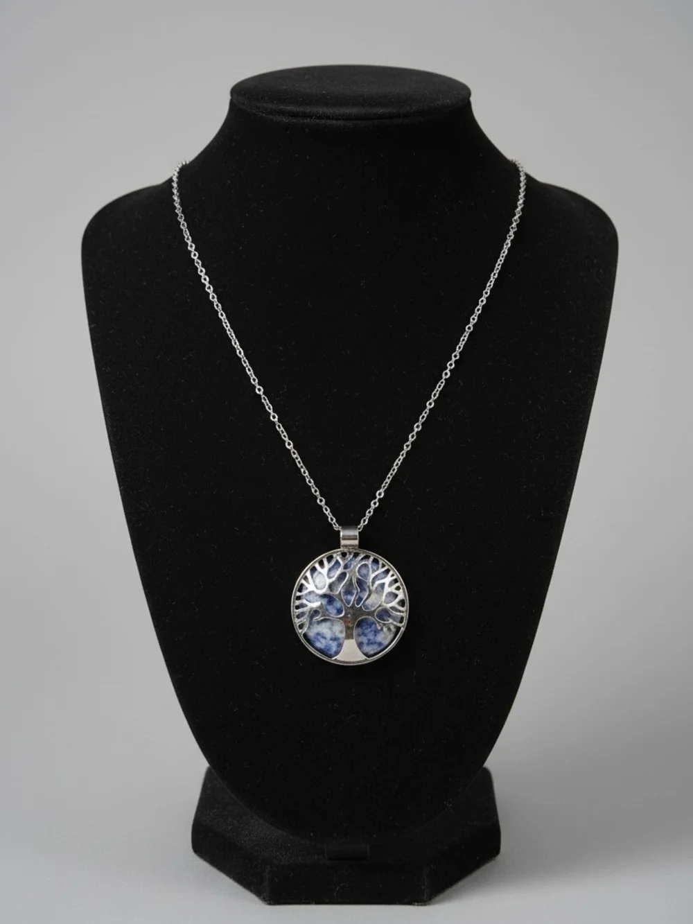 Silver Tree of Life Pendant Necklace with Blue Inlay